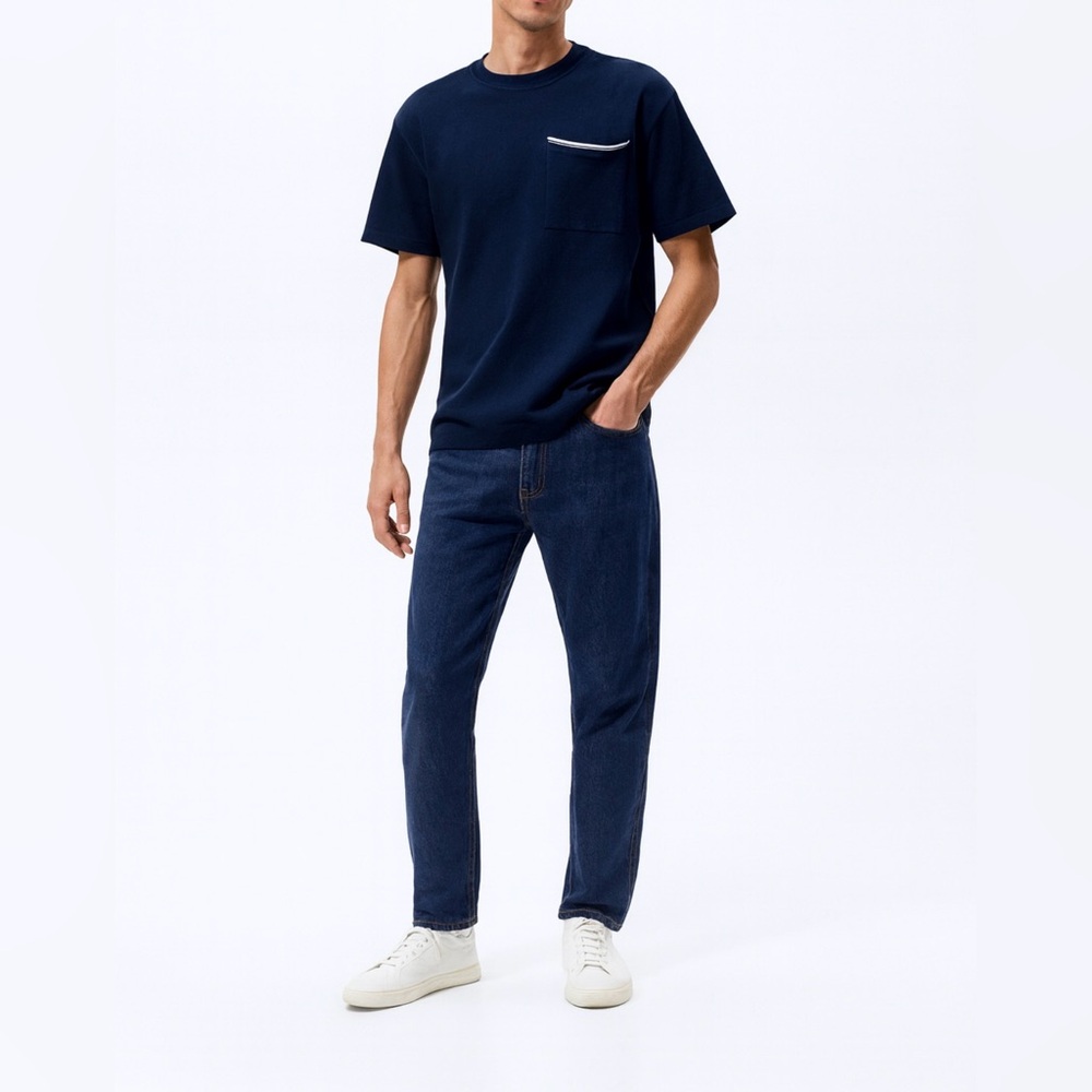 ZARA Mens Navy Short Sleeve Knit Crew Contrast Chest Pocket Top Minimalist Sz M